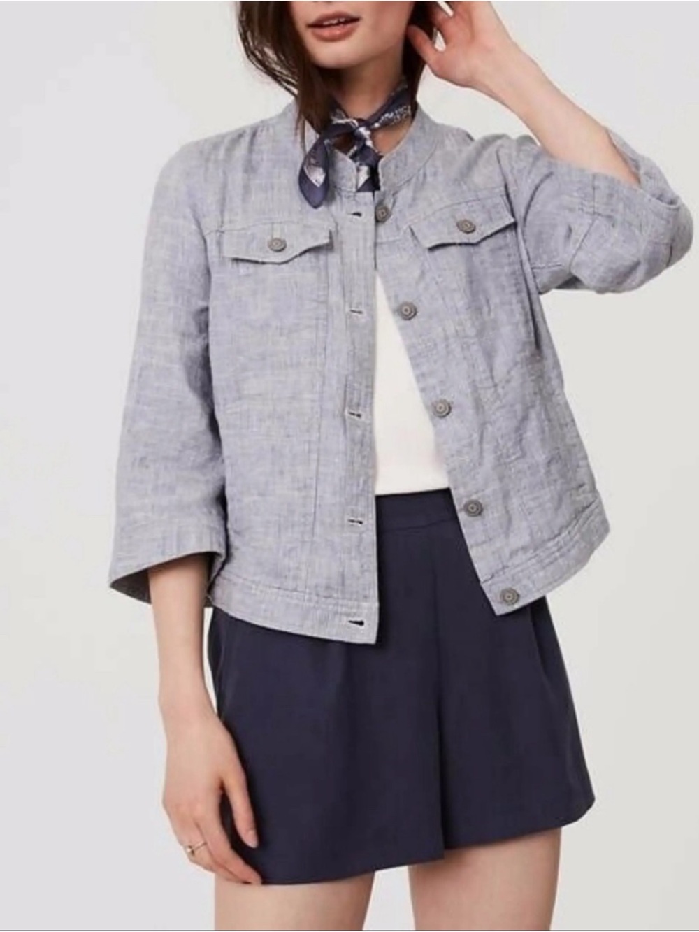 Loft Linen Blend Light Gray Textured 3/4 Bell Sleeve Button-Up Jacket Small